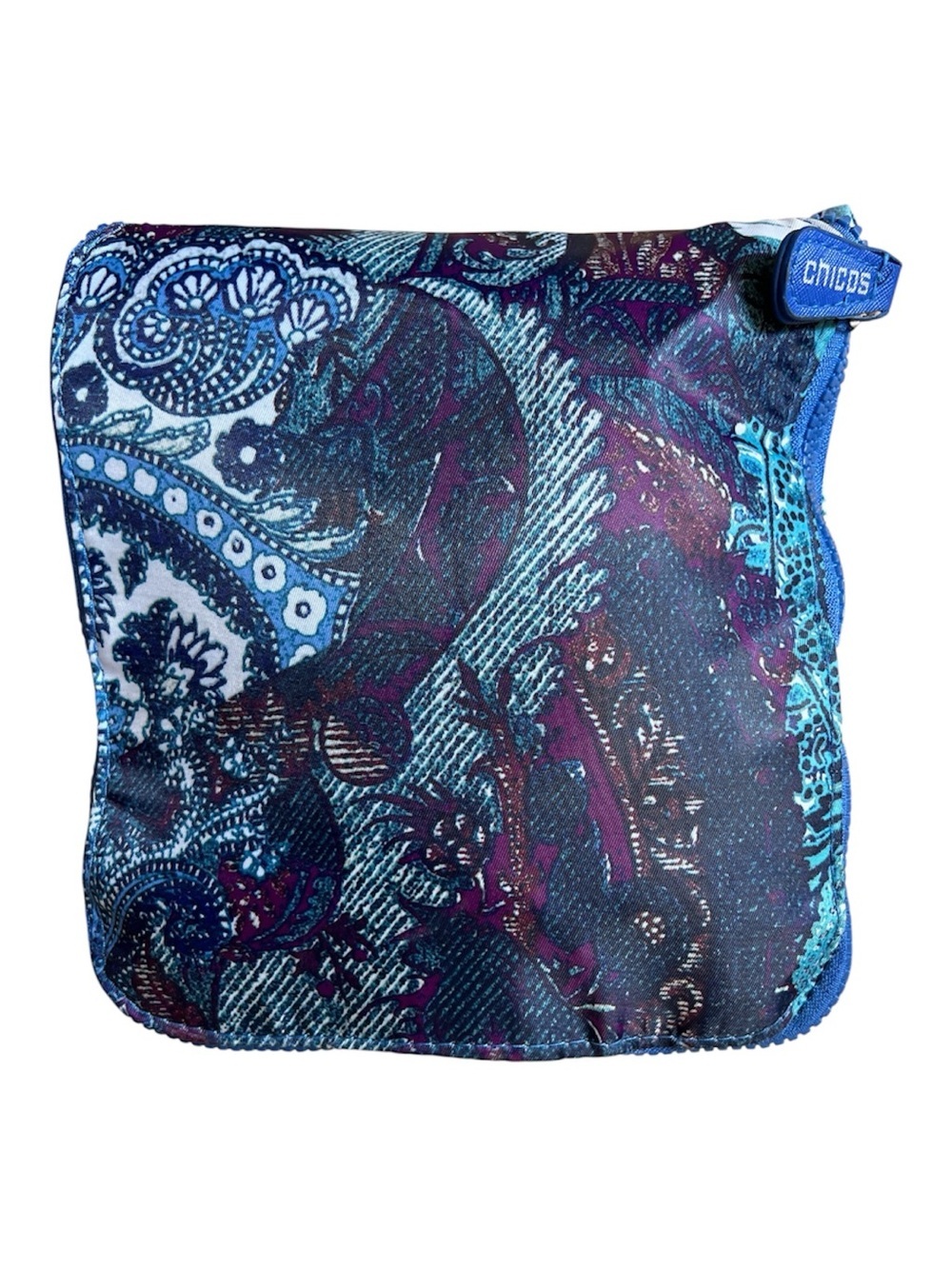 Chico's Packable Foldable Travel Tote Bag Paisley Blue Purple Large Expandable